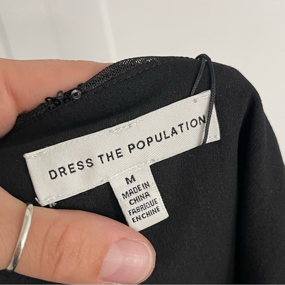 🥒 Dress the Population Giulia Black Lace Sequin Cocktail Mini Midi LBD Dress M - Picture 9 of 13